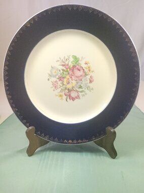 Circa 1942 Royal Harvey Staffordshire England Cobalt Blue Floral Plate with Wood